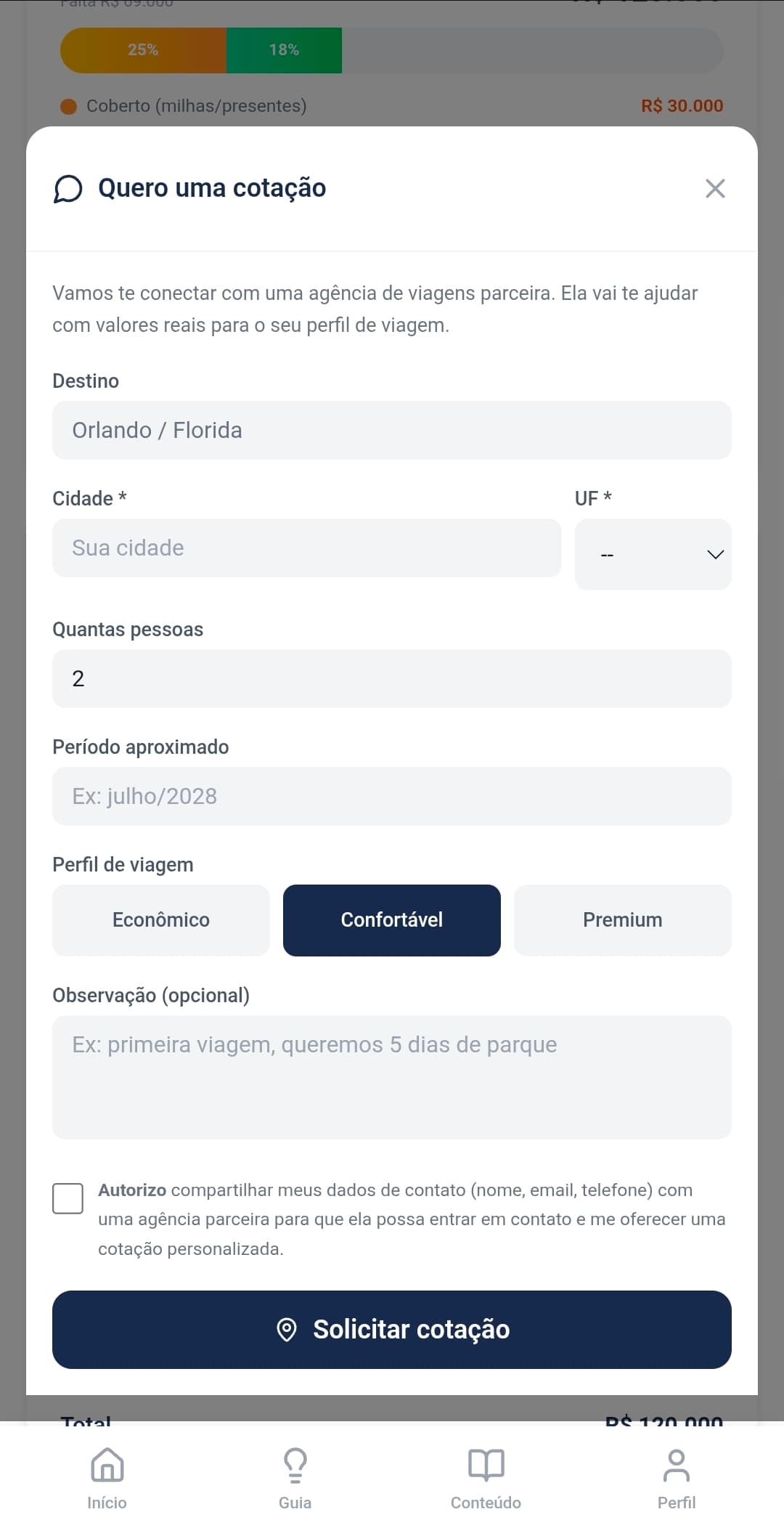 Cotação personalizada com agência parceira
